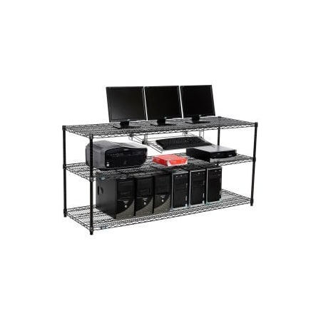 Global Equipment Nexel 3-Shelf Wire Computer LAN Workstation with Keyboard Tray, 72"W x 24"D x 34"H, Black 695380BK